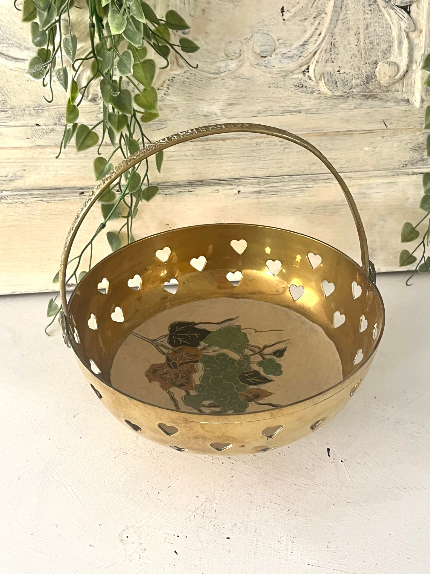 Brass cloisonne basket with handle – mid century circa 1950s art deco
