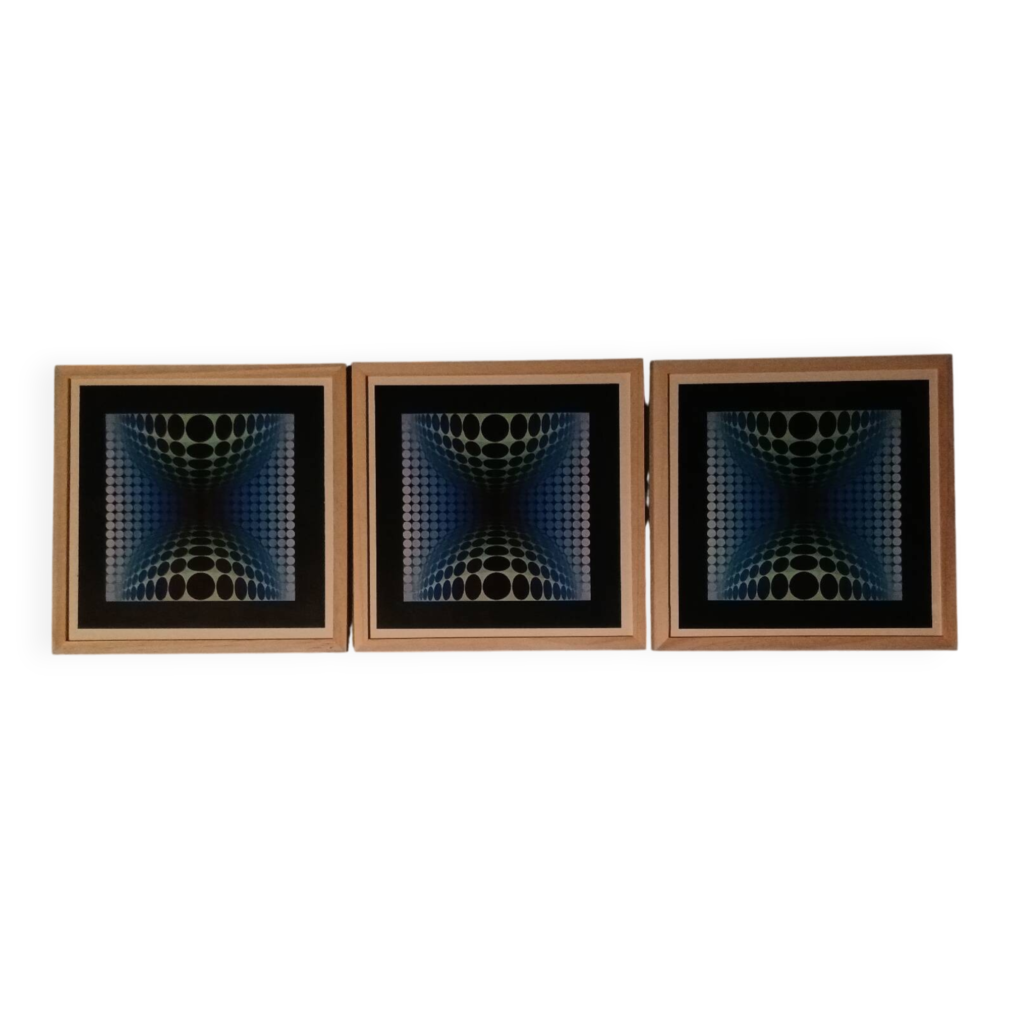 Vintage Optical Art Triptych - Vasarely Style - Frame 30x30cm
