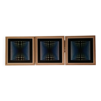 Vintage Optical Art Triptych - Vasarely Style - Frame 30x30cm