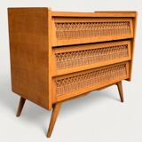 Rattan wardrobe and its compass-legged chest of drawers, 1960