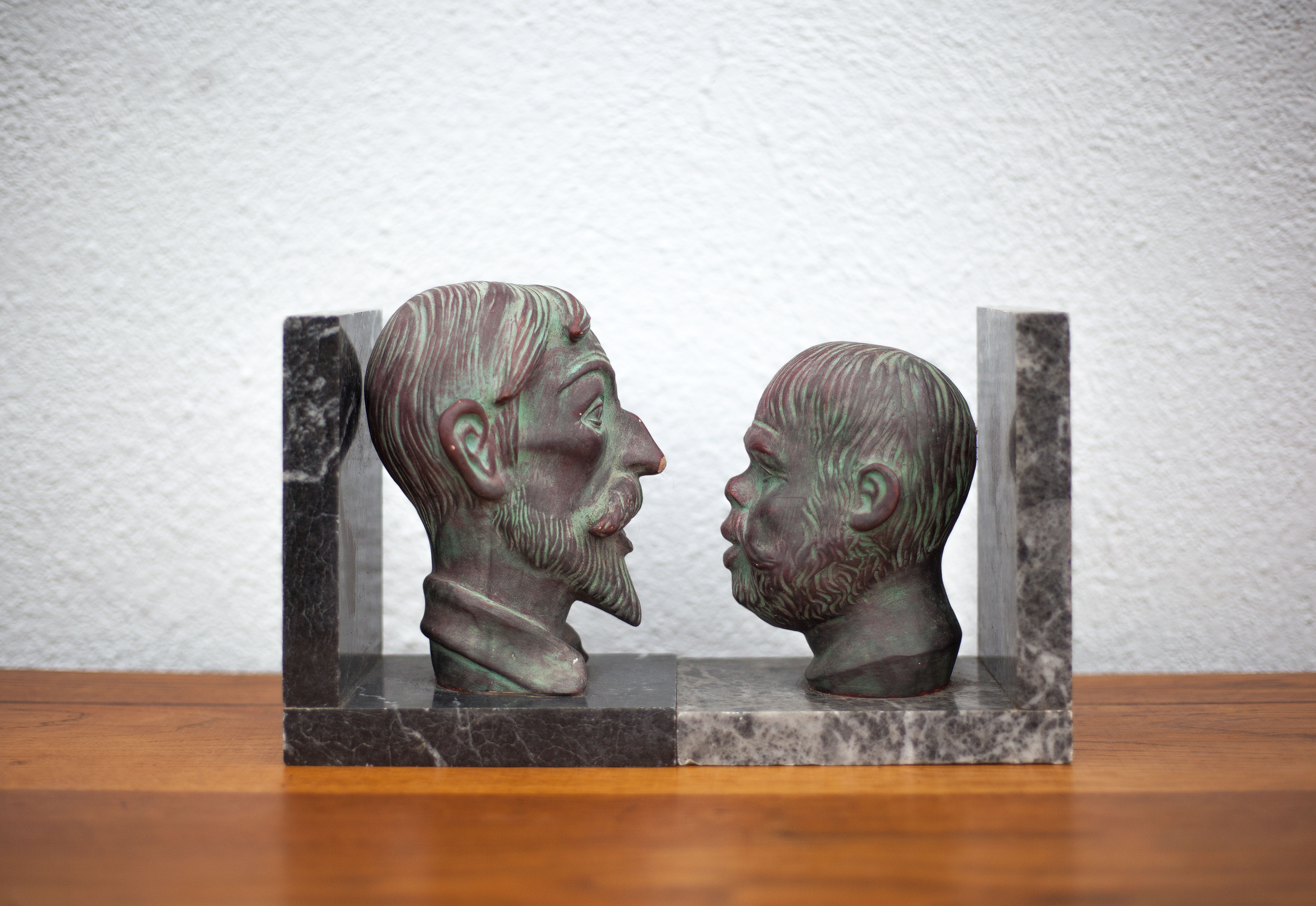 Pair of terracotta and marble bookends, don quixote and sancho panza, paperweight, library