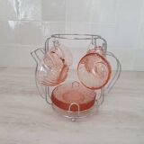 Rosaline cups and saucers by Arcoroc with metal stand