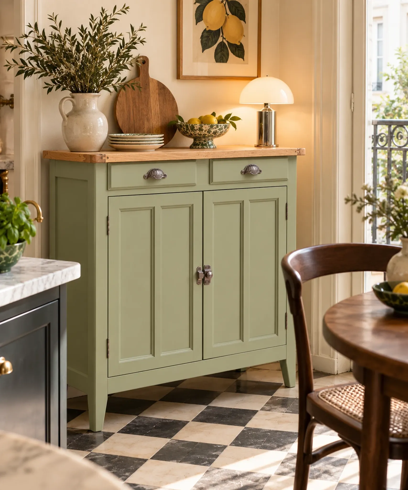 Renovated khaki Art Deco Parisian buffet in beech.