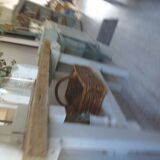 Vintage workbench with pearl gray patinated base and wooden top