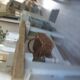 Vintage workbench with pearl gray patinated base and wooden top