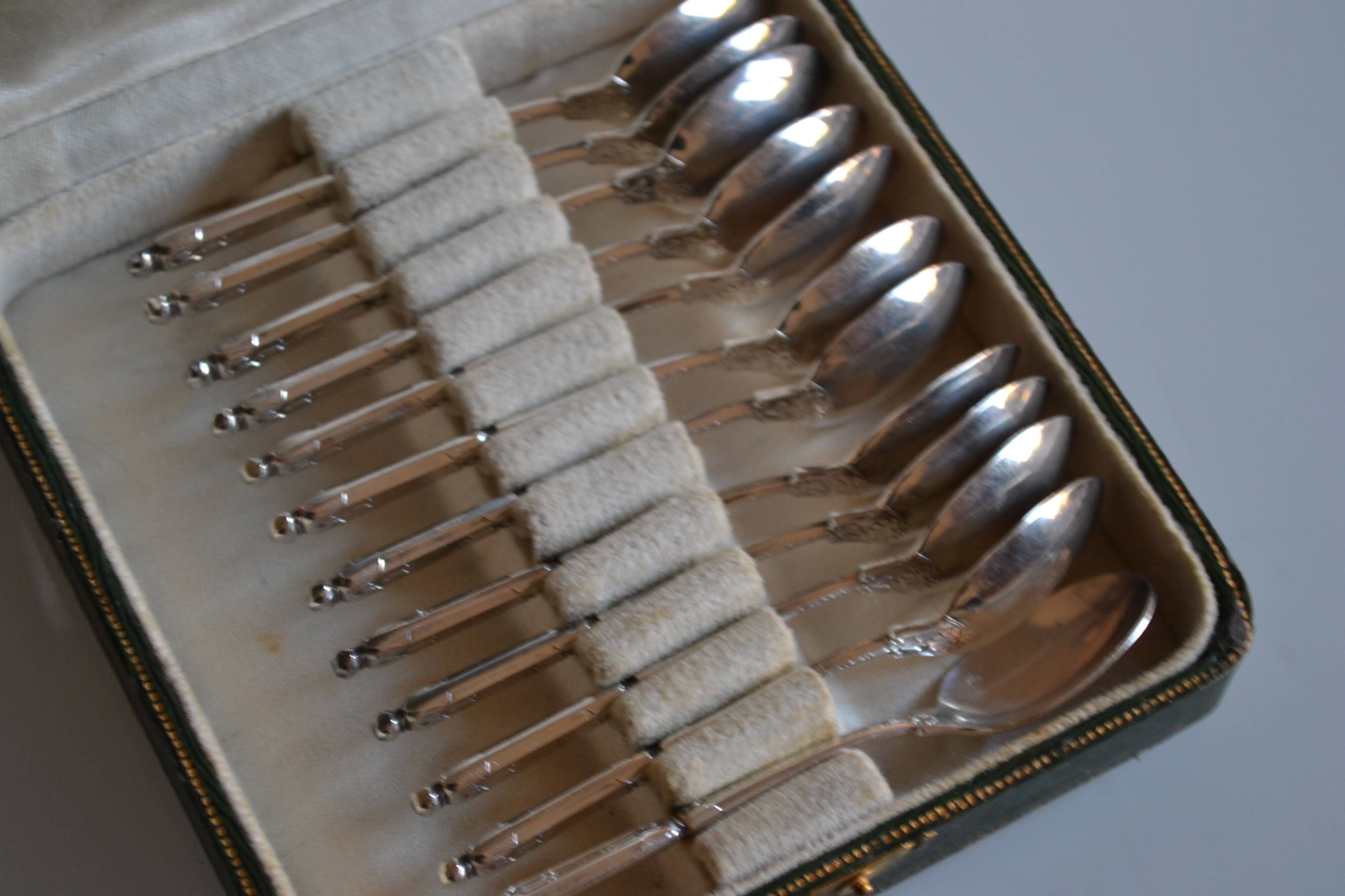 12 Silver-plated metal mocha spoons with Russian handle + box