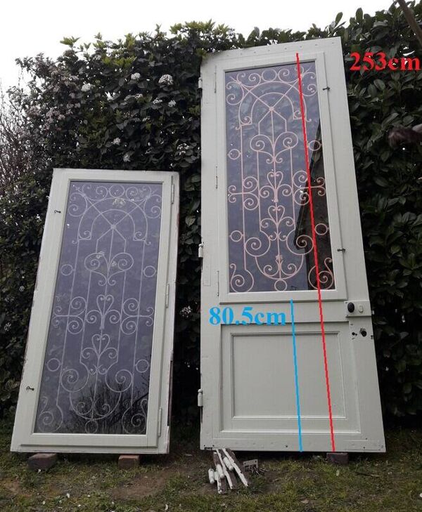 Porte d’entrée 264x99cm ancienne noyer chêne grille fer forgé panneau vitré
