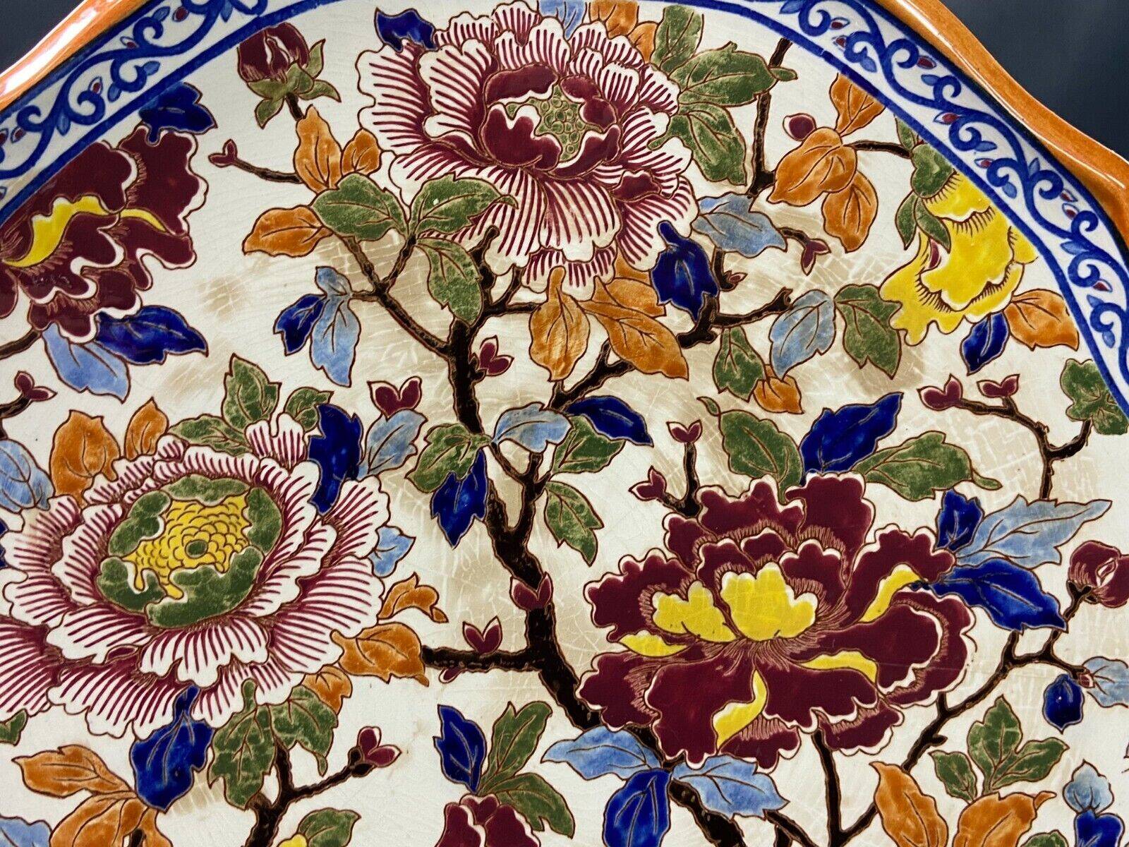 Large Gien earthenware dessert dish with Peonies decor
