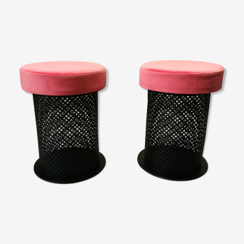 Pair of 60s perforated plate and pink velvet stool