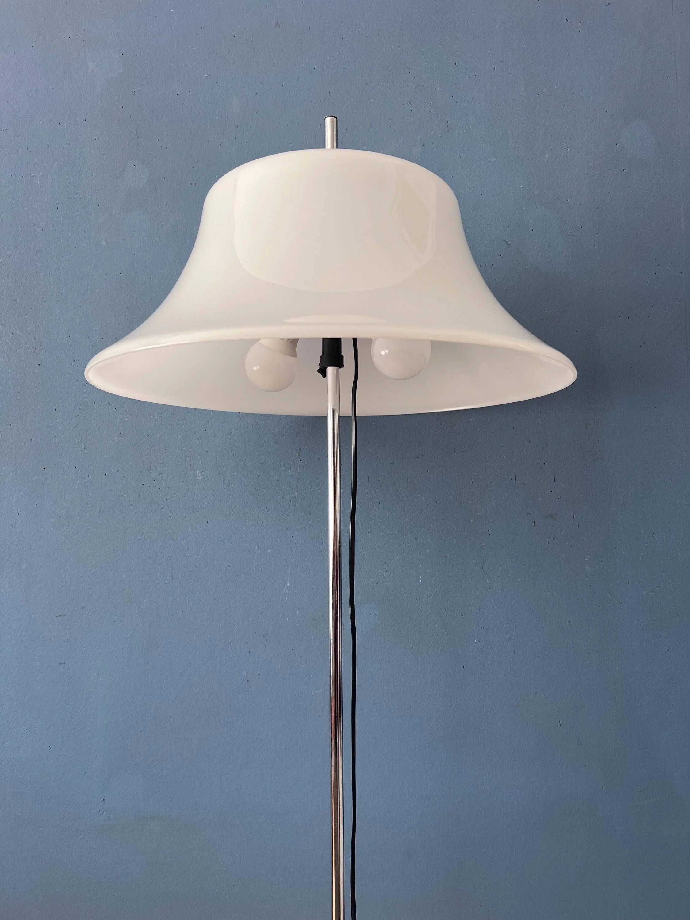 Vintage Space Age floor lamp with white plexiglass UFO shade.