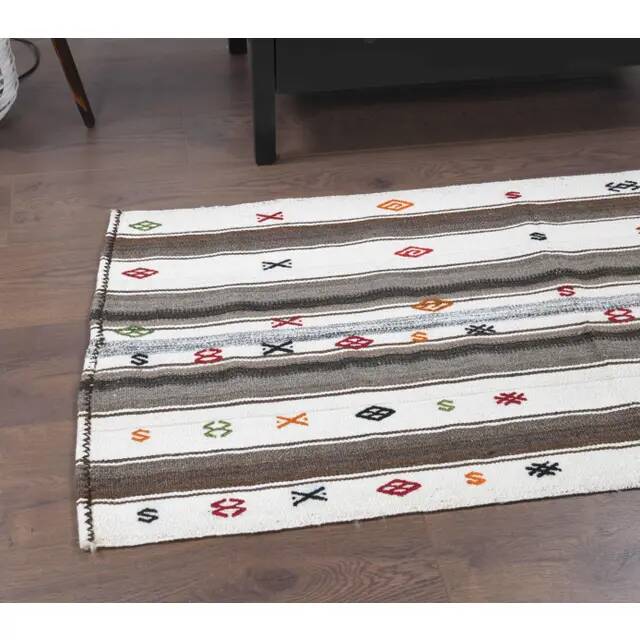 Vintage Turkish Hand-Knotted Wool Cotton White Kilim Runner Rug 65x140