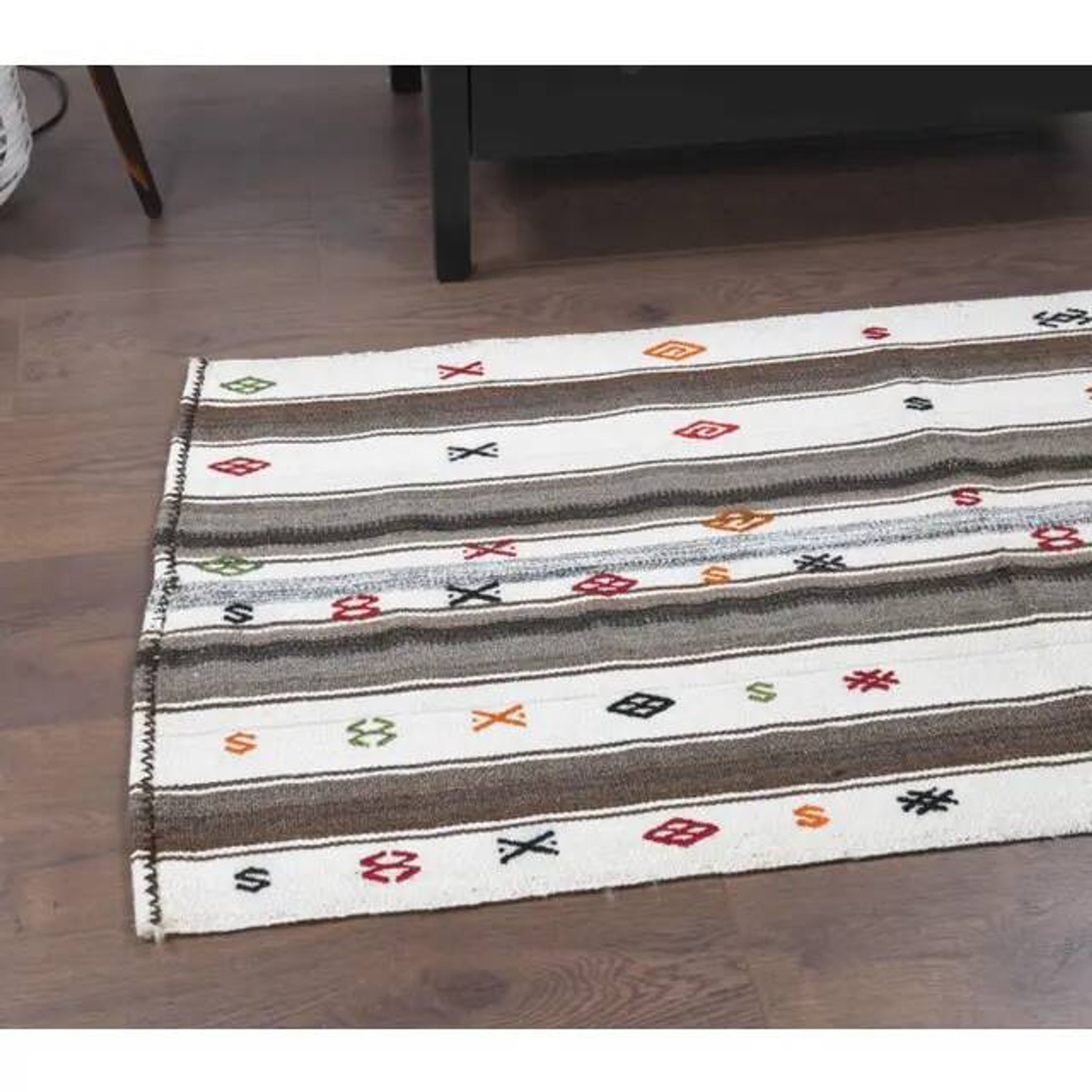 Vintage Turkish Hand-Knotted Wool Cotton White Kilim Runner Rug 65x140