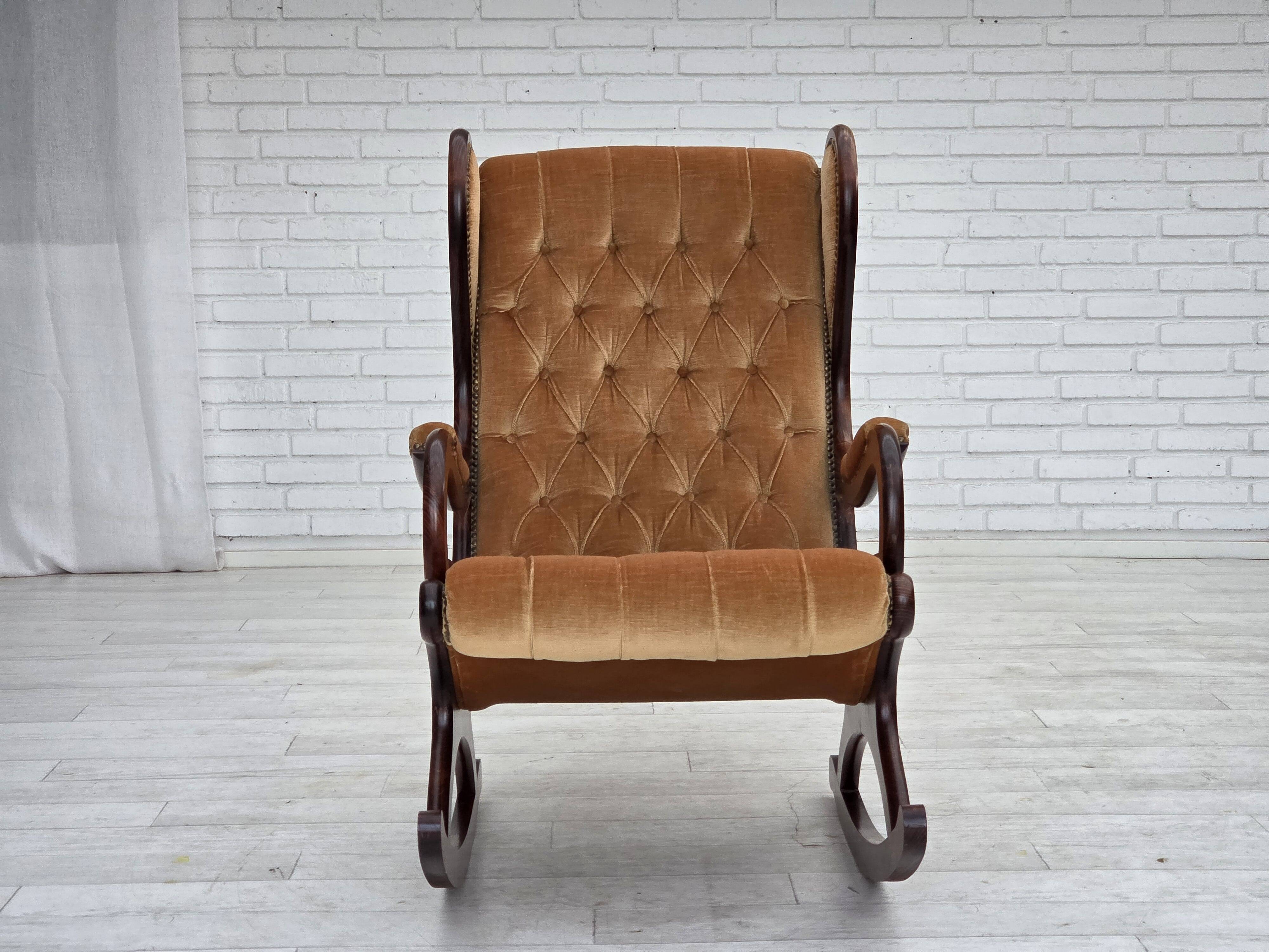 1960s, Scandinavian rocking chair, furniture velour, dark beech wood.