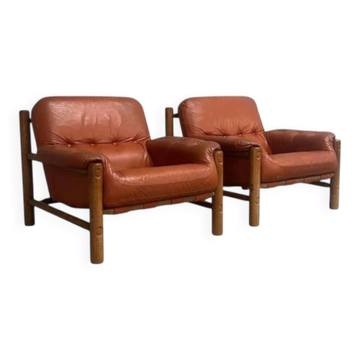 Set brutalist, Brazilian style leather lounge chairs, 1960s
