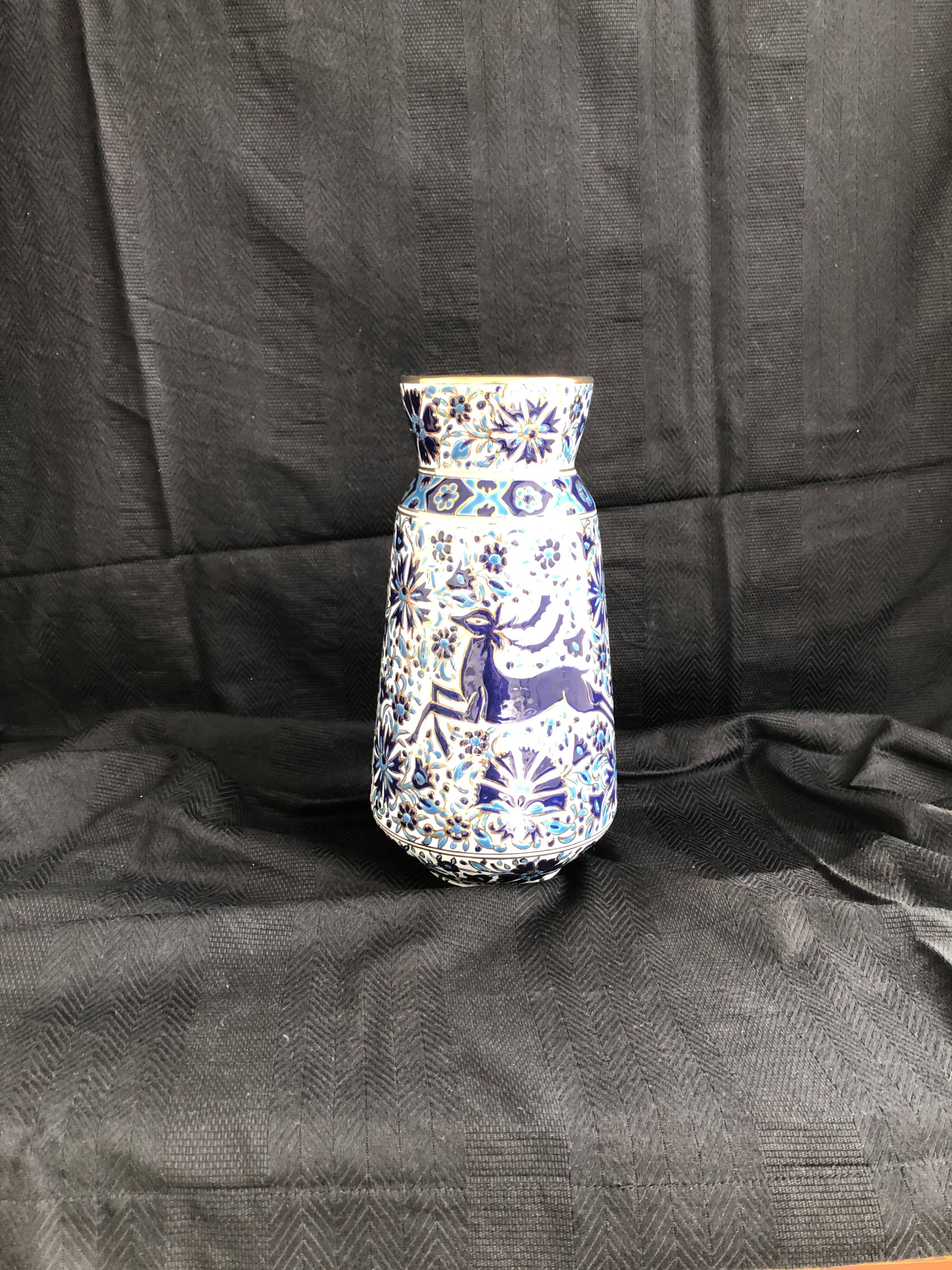 Vase grec vintage Nassos Hellas Rodos or bleu et blanc