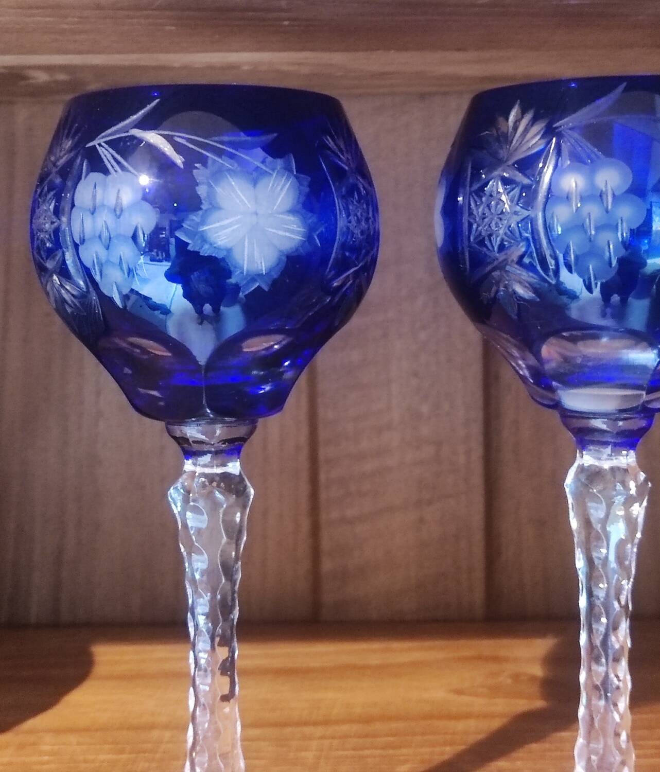 3 large cobalt blue cut crystal stemmed glasses