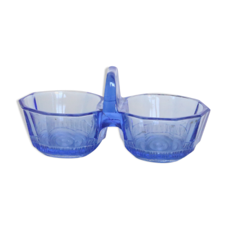 Serviteur Sel Poivre en verre bleu, verre moulé, vintage français, authentique