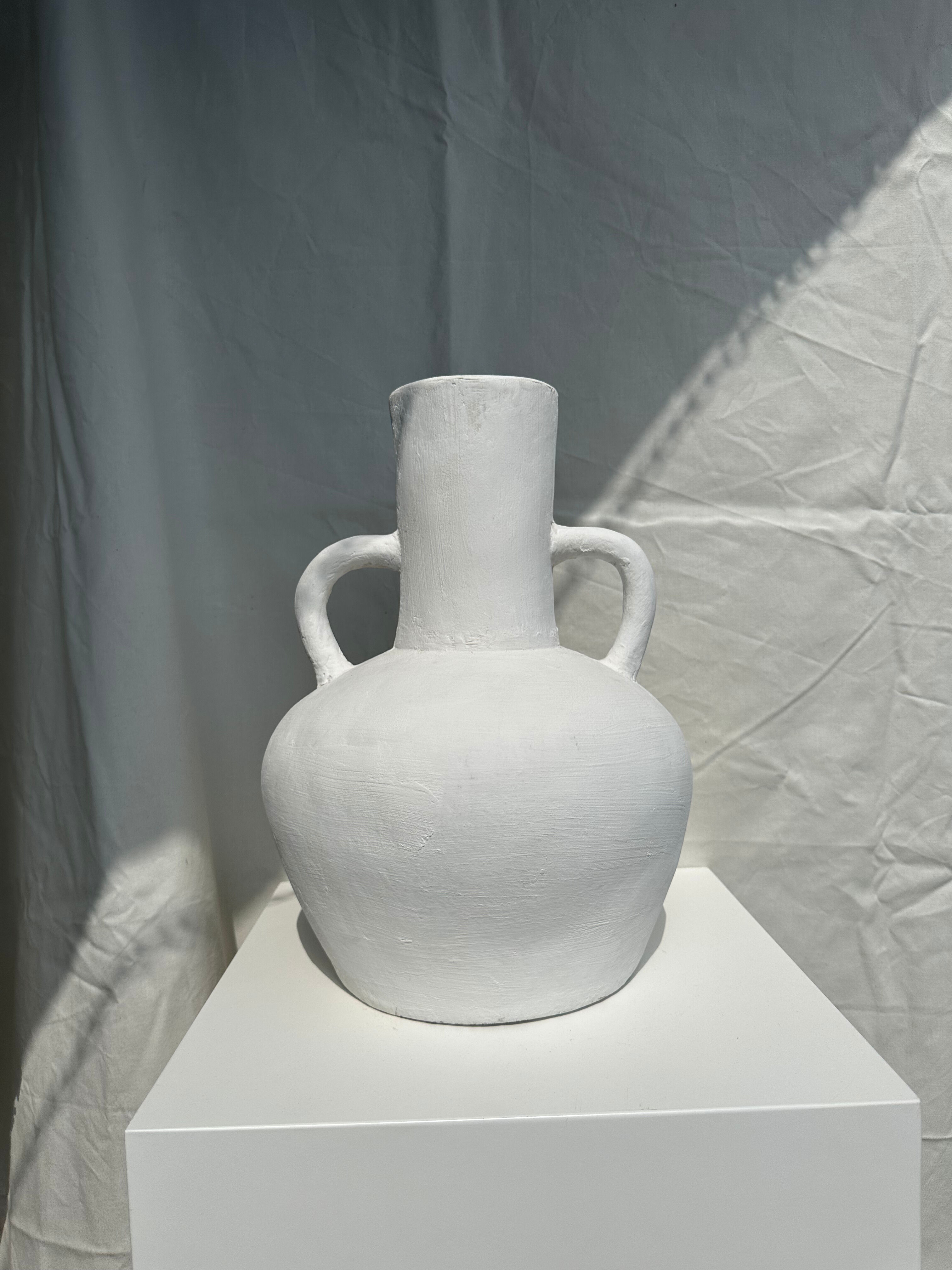 Handcrafted terracotta vase painted white with double handles h:40 d:30
