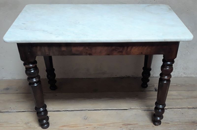 Walnut table on white marble for kitchen, old