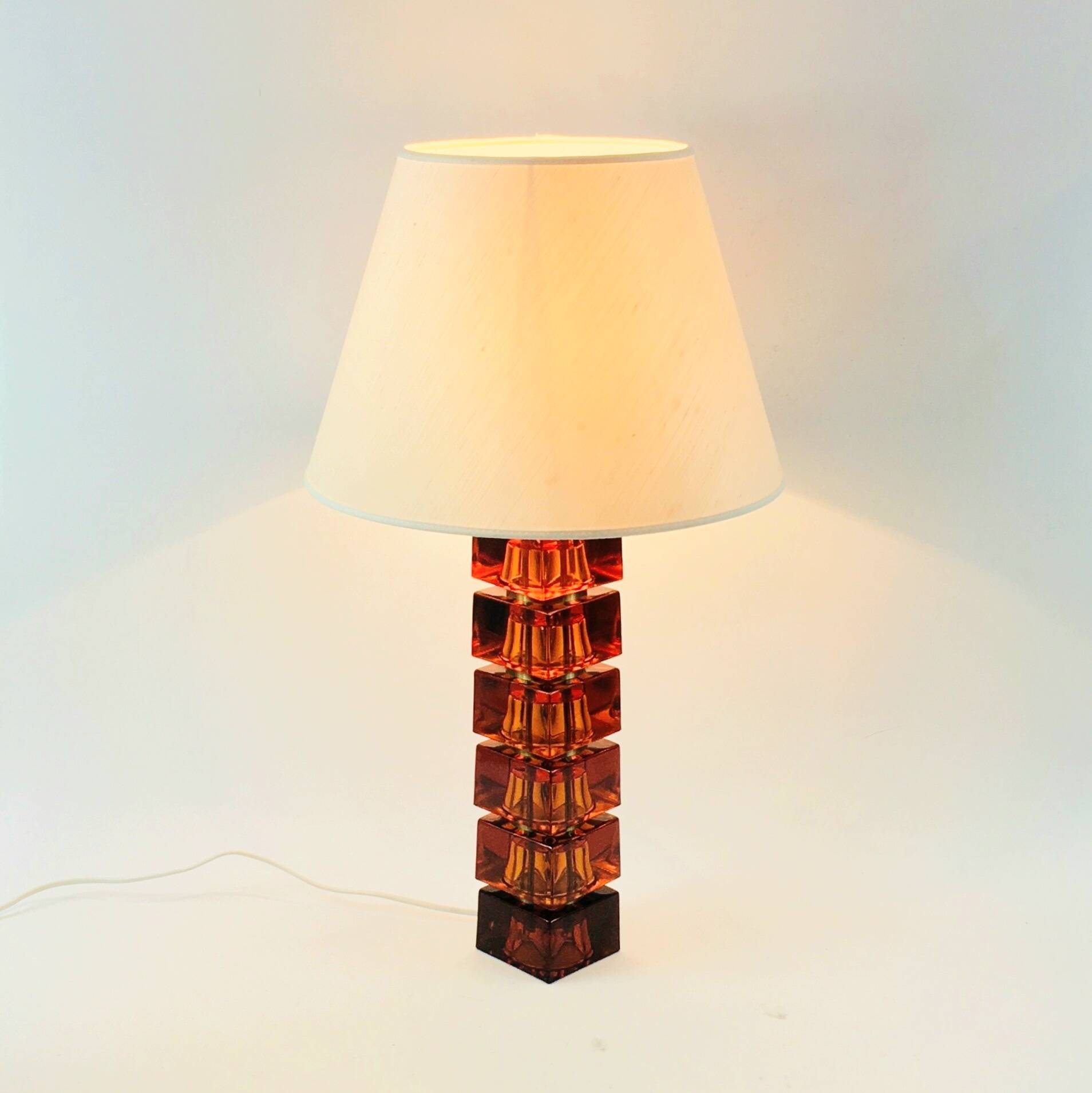 Large Mid-Century Scandinavian Art Glass & Brass Table Lamp by C.Fagerlund