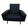 Quality vintage armchair from the 70s in black imitation leather and metal legs