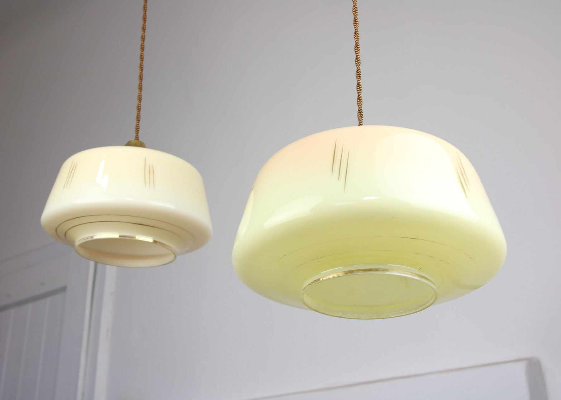 Mid-century glass & brass pendant lamps, set of 2
