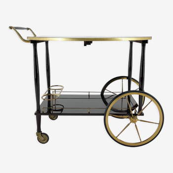 Mid-century italian brass & stained mahagony in high gloss finish bar cart