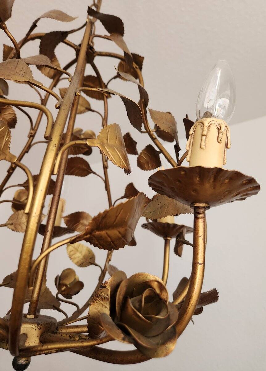 Hollywood Regency 4-light floral chandelier gilt with roses Italy 1960-1970