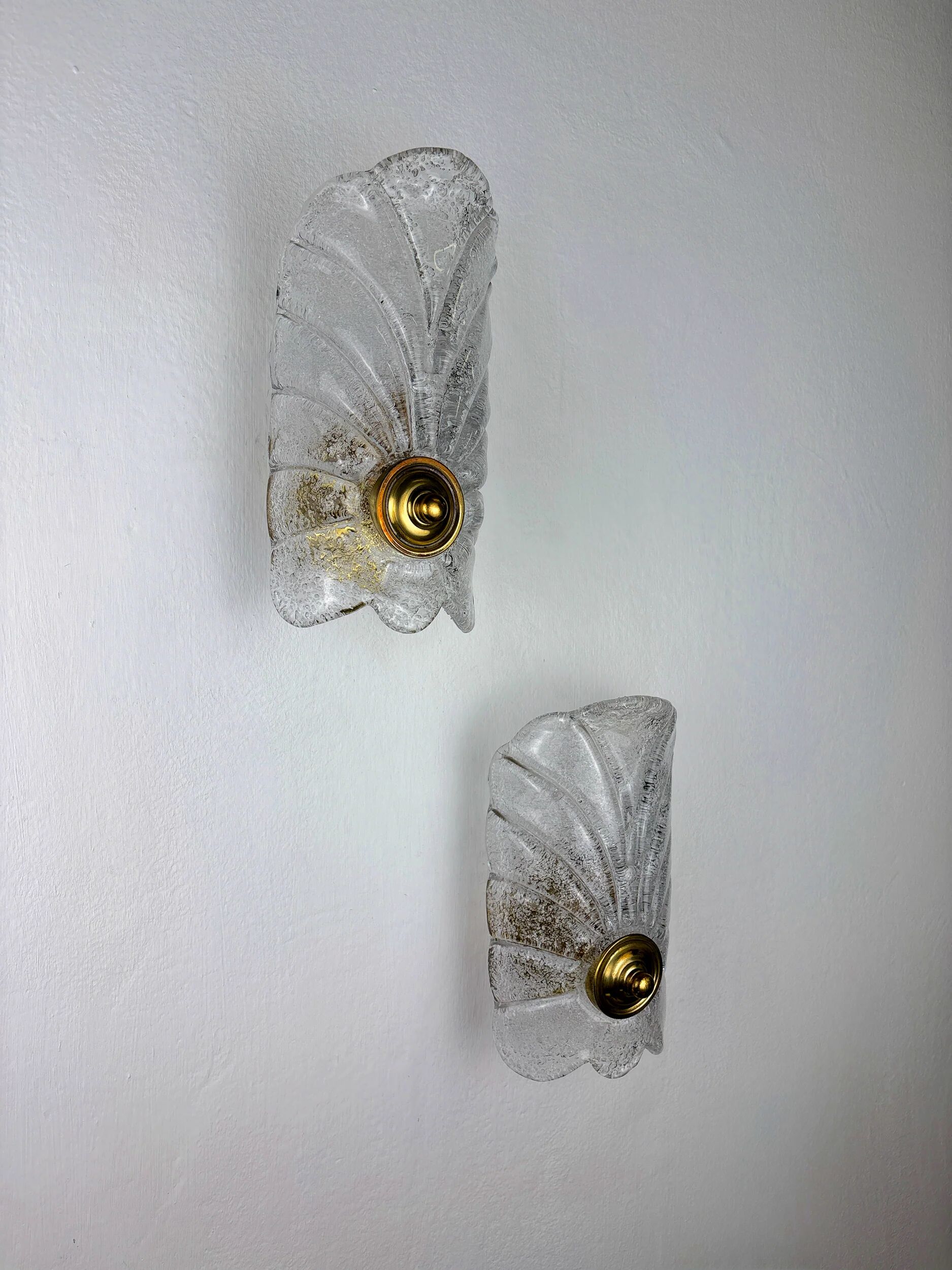 Pair of Murano frosted leaf sconces, textured glass & gilt details, Italy 1970s