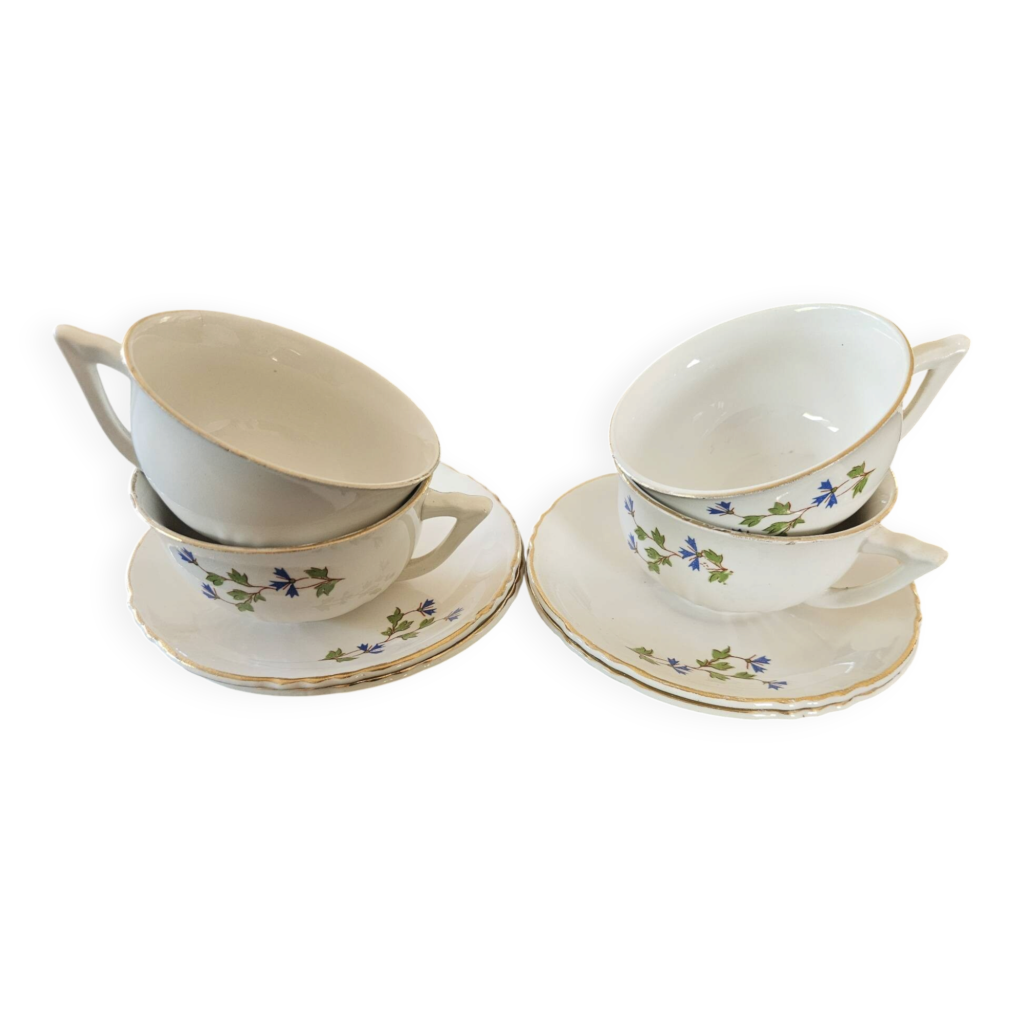 charming set of 4 cups and their 4 matching saucers in earthenware