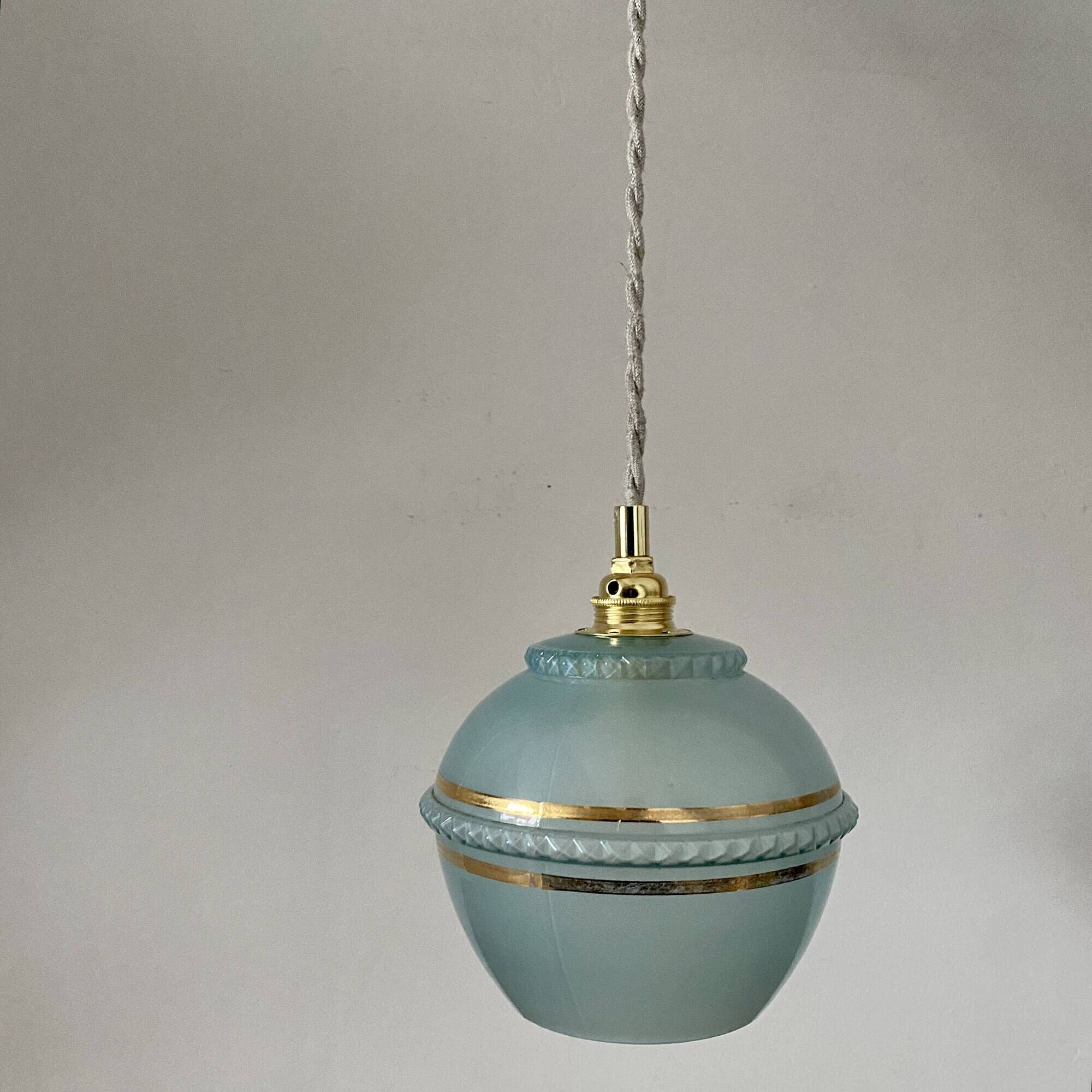 Vintage art deco tulip pendant light in blue and gold glass