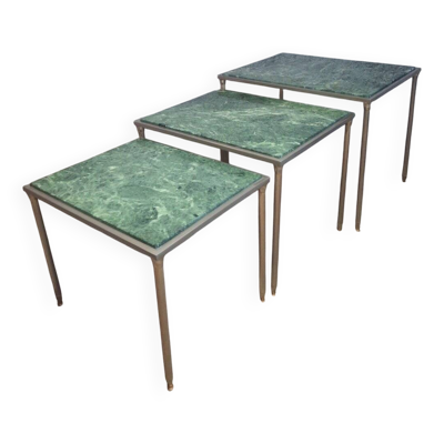 Tables gigognes en marbre vert et metal-dans le gout de maison Jansen- annees 1970