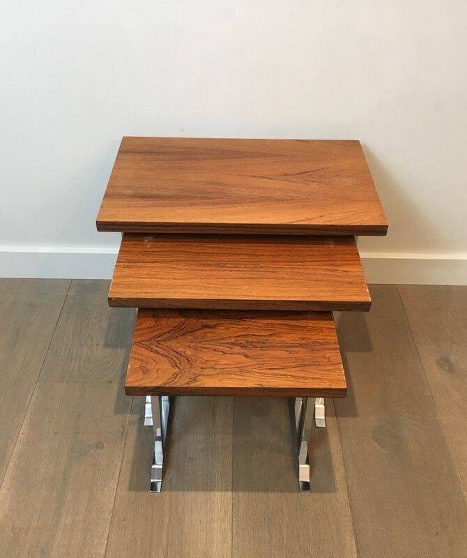 Set of 3 nesting tables in exotic wood and chrome