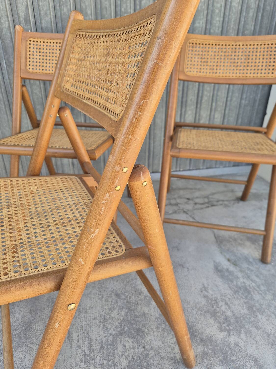 Set of 4 vintage Italian folding chairs in cane 1970s