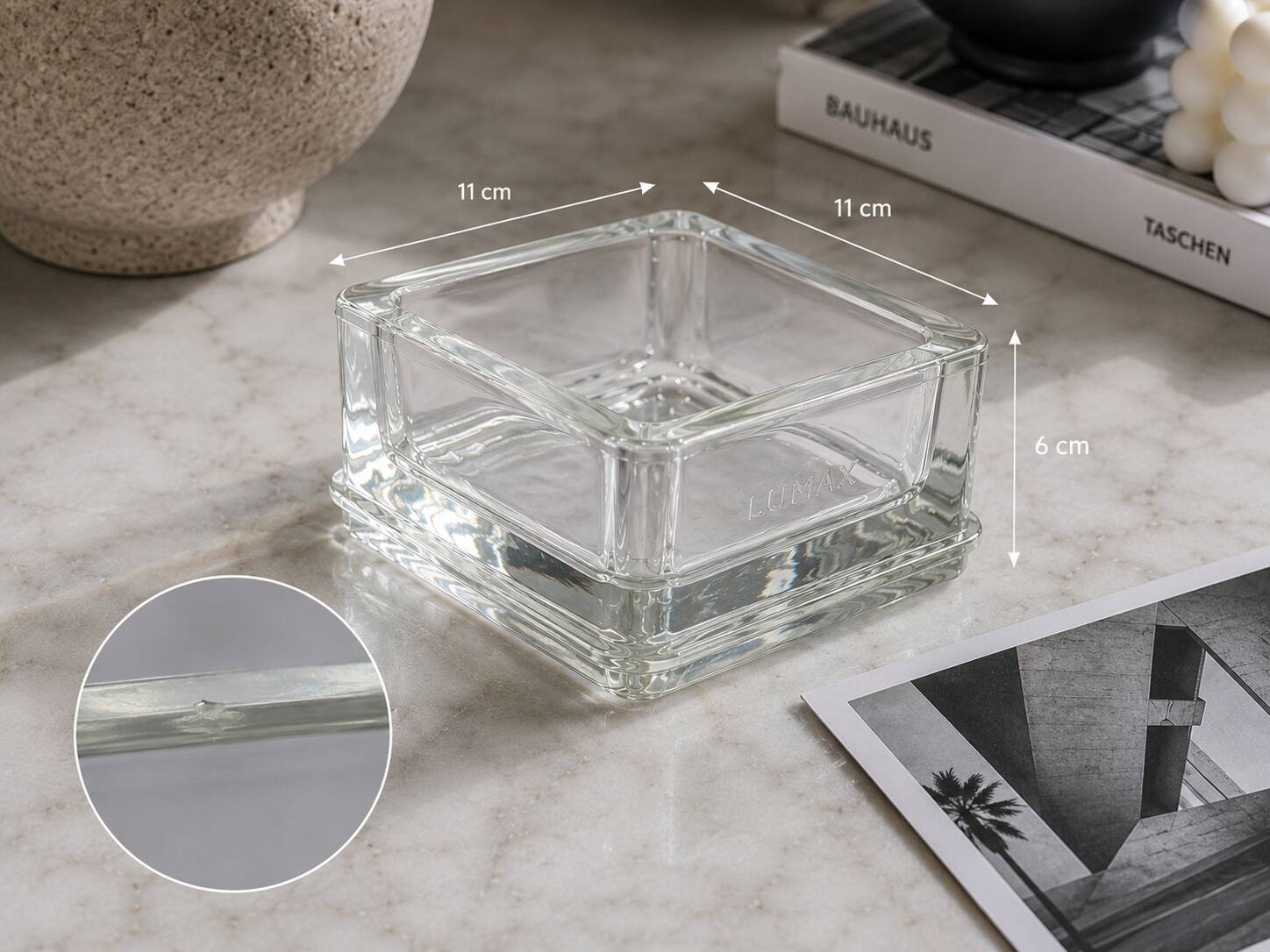 Vintage square Lumax catchall in thick transparent glass 11 x 11 x 6 cm
