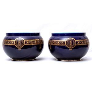 Pair of pot covers - signed and numbered sarreguemines - dark cobalt blue - xixth