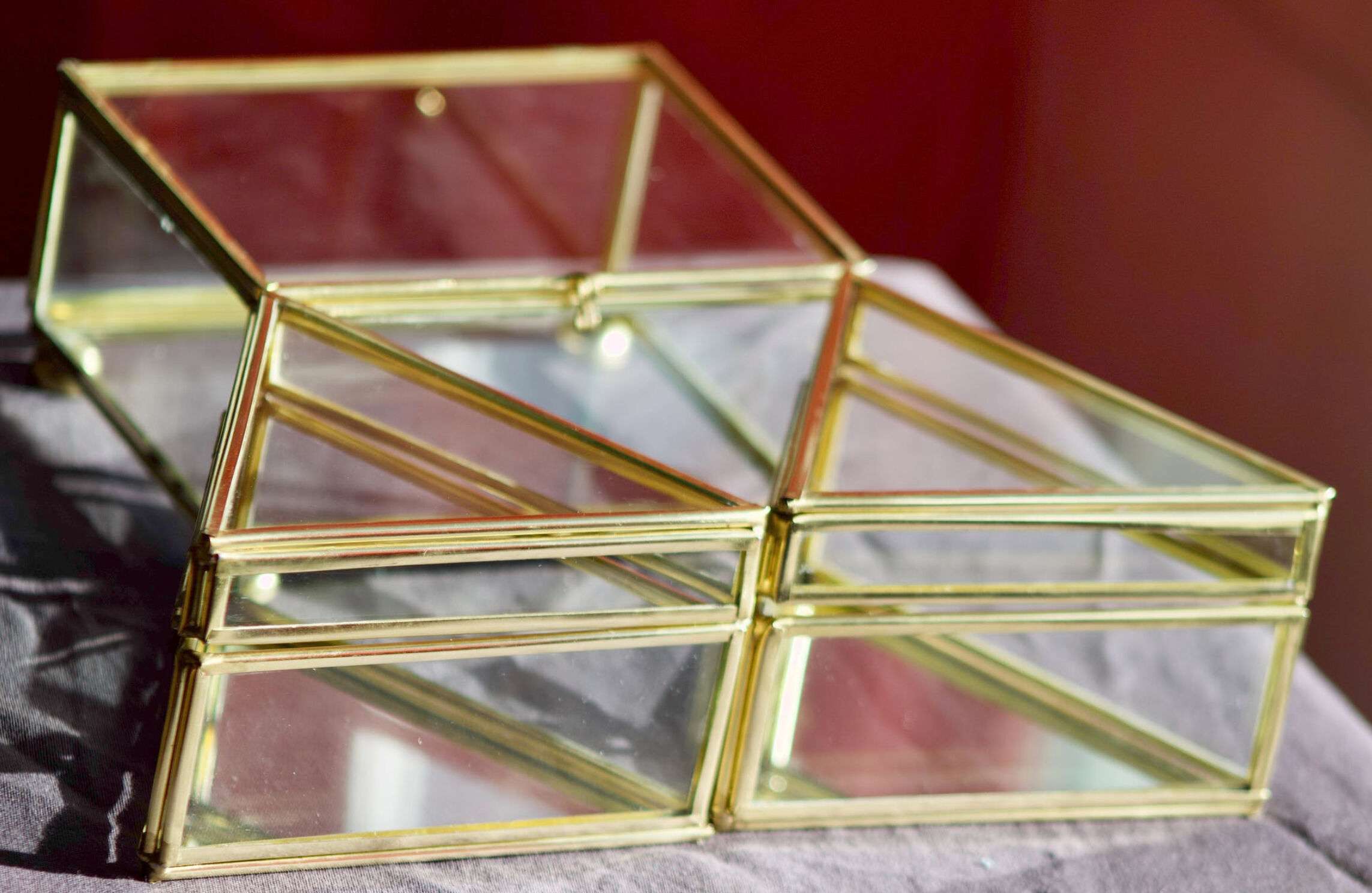 4 old glass, brass and mirror jewellery boxes