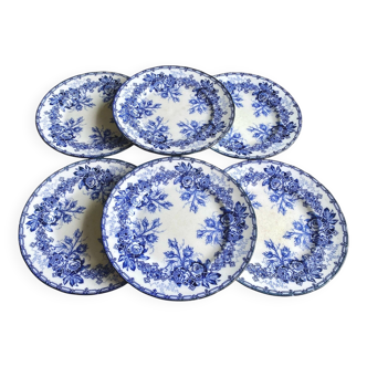 6 assiettes plates faïence Creil et Montereau fin 19ème décor Flora