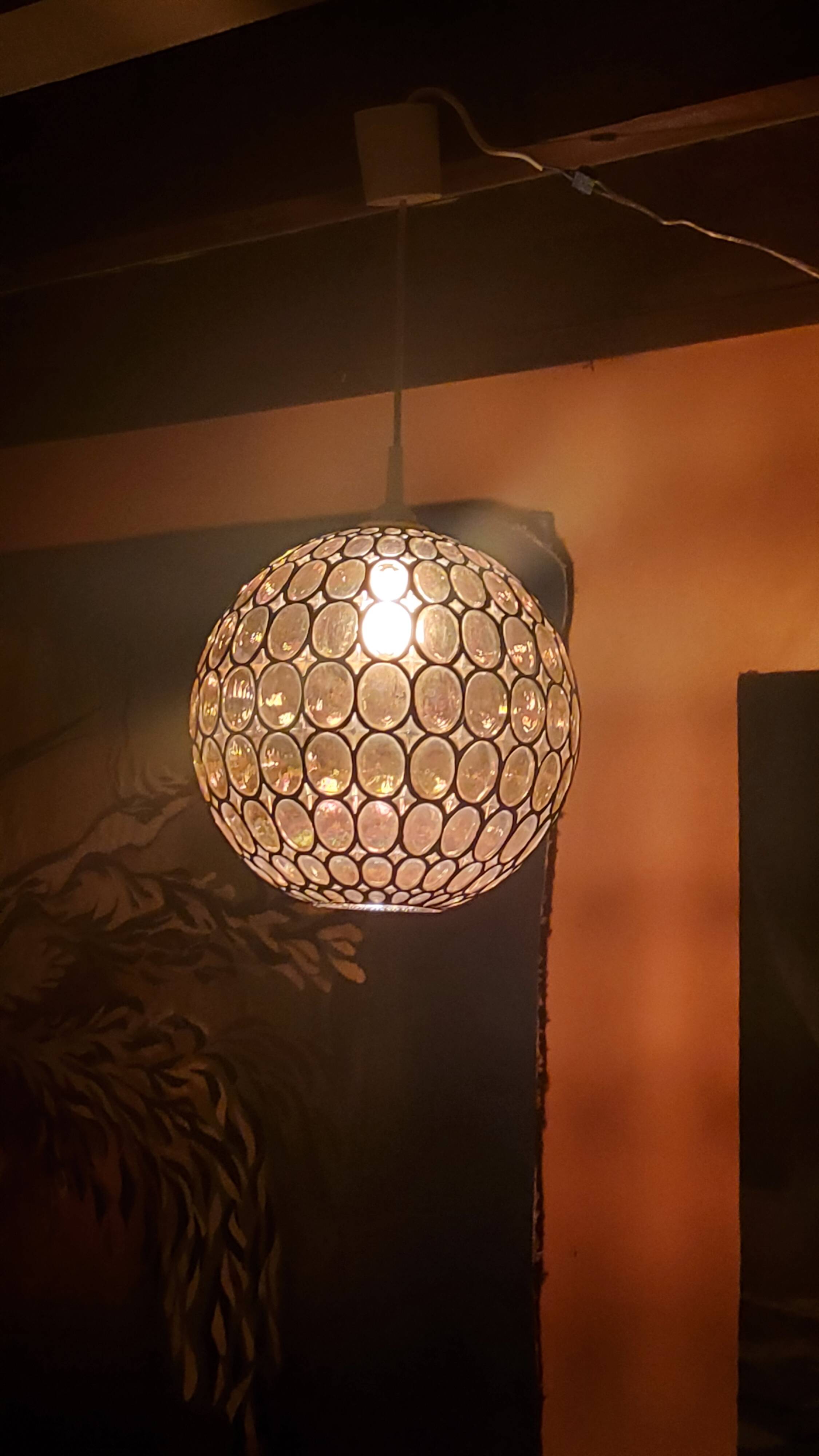 Ball pendant light in orange and enameled glass from the 70s