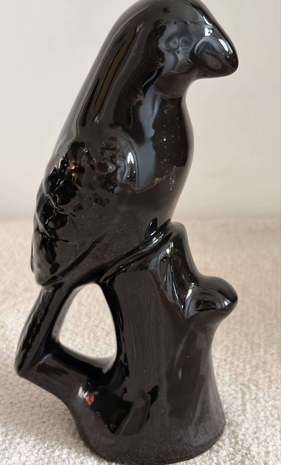 Pair of Mid-Century Gloss Black Ceramic Bird Figurines (Ravens/Crows)