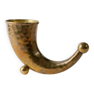 Vintage Danish Brass Horn: Hand-Carved Brass Vase/Drinking Vessel, 1930s, Golden Table Decor