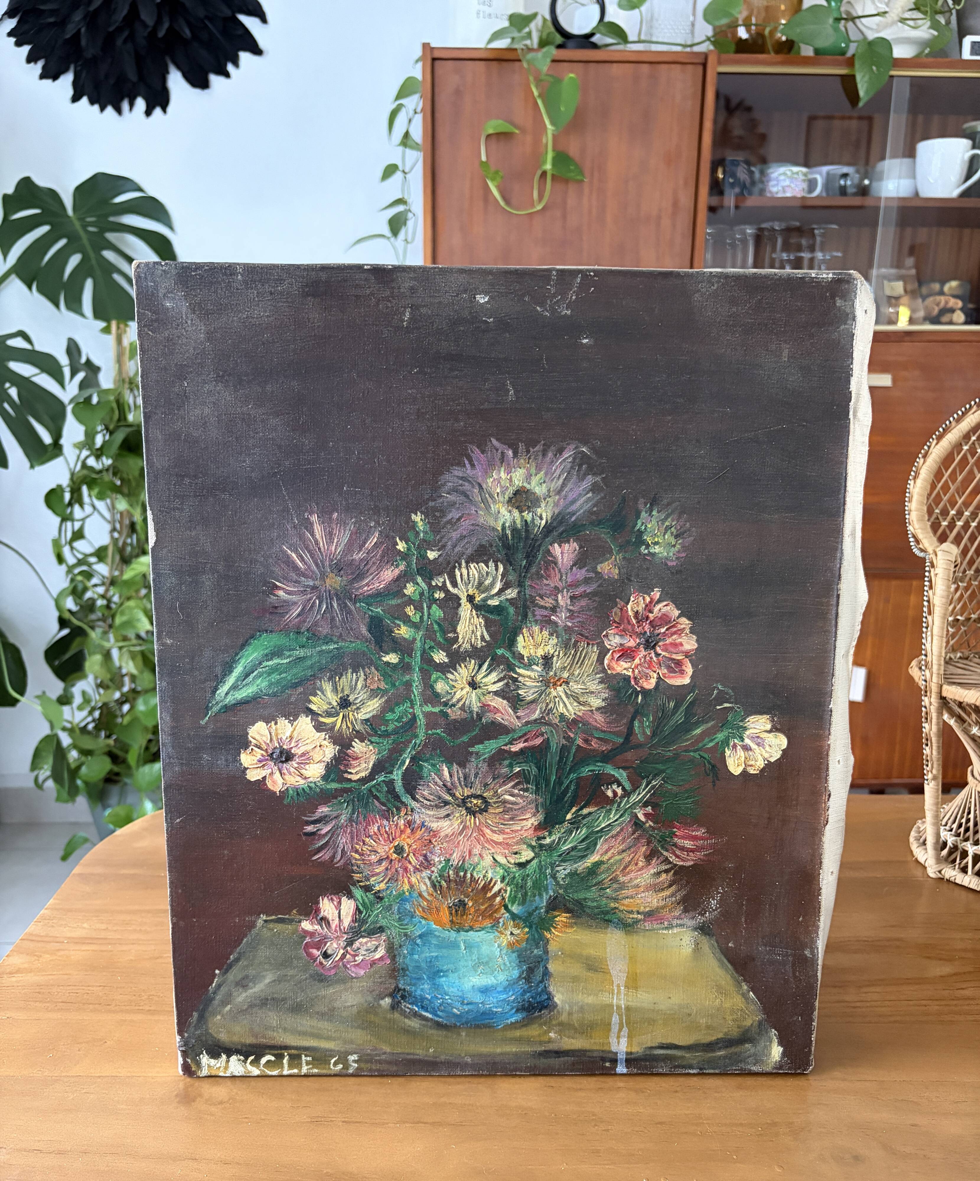 Tableau peinture originale bouquet de fleurs Lefranc vintage 1965