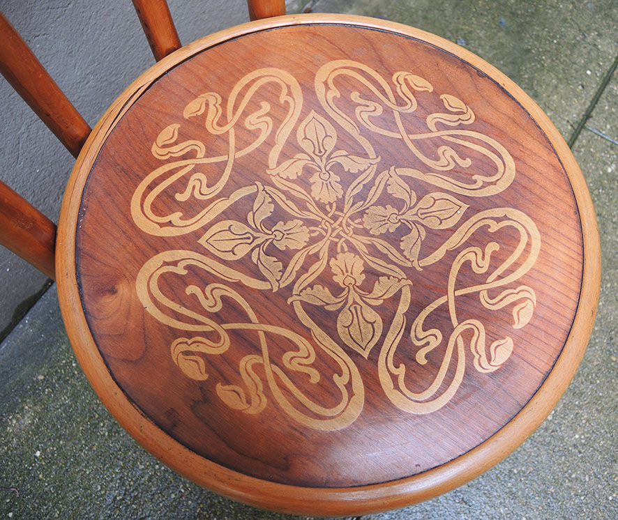 4 old fischel bentwood chairs and pyrograved pattern