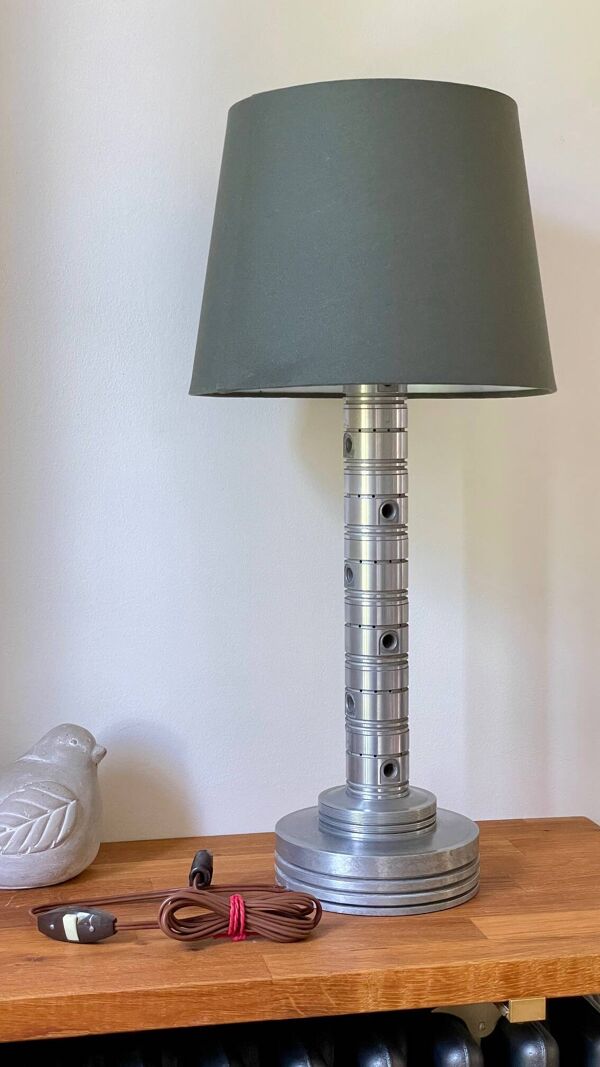 Lampe industrielle métal poli et tissu kaki vintage