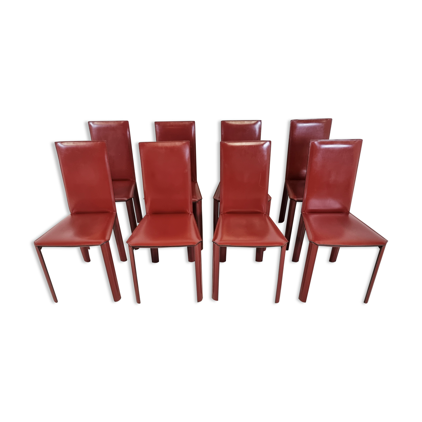 Red leather dining chairs by De Couro Brazil, 1980s - set of 8