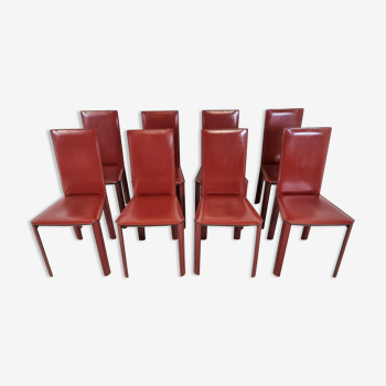 8 chaises de salle à manger en cuir rouge par De Couro Brésil, années 1980