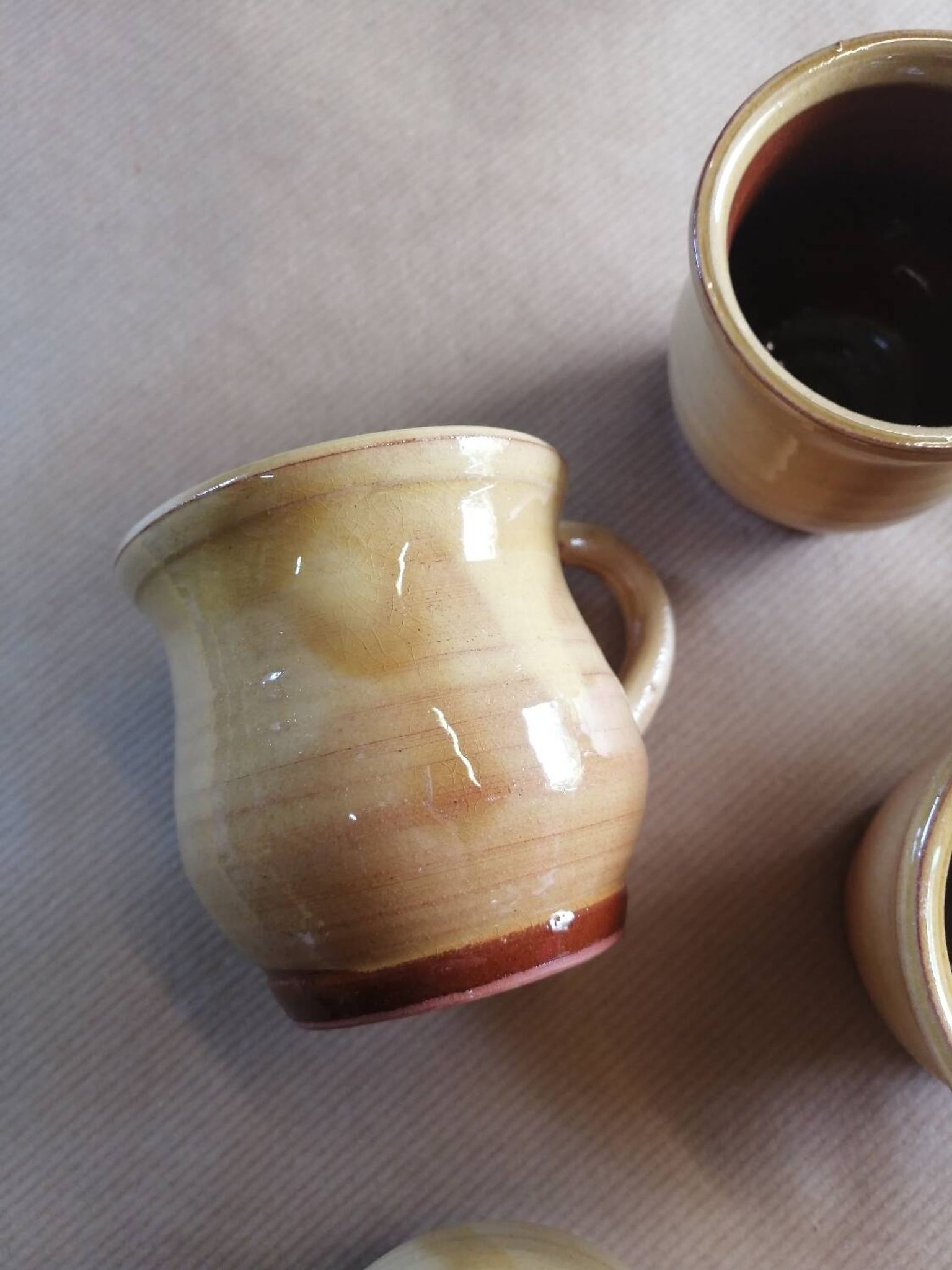 Set of 7 vintage stoneware yellow coffee cups