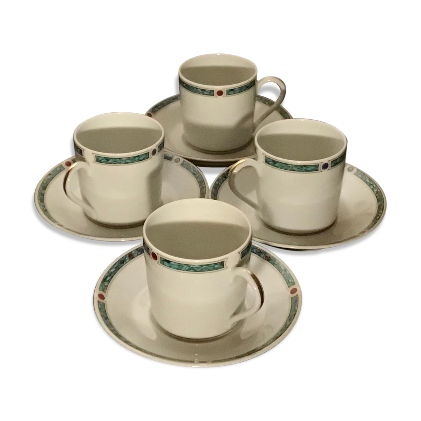 4 cups and saucers made of porcelain from Limoges, Haviland, green Châtelaine model