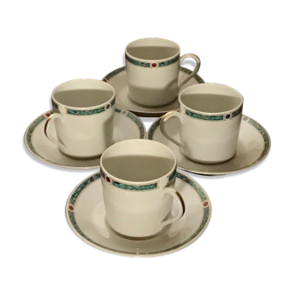 4 cups and saucers made of porcelain from Limoges, Haviland, green Châtelaine model
