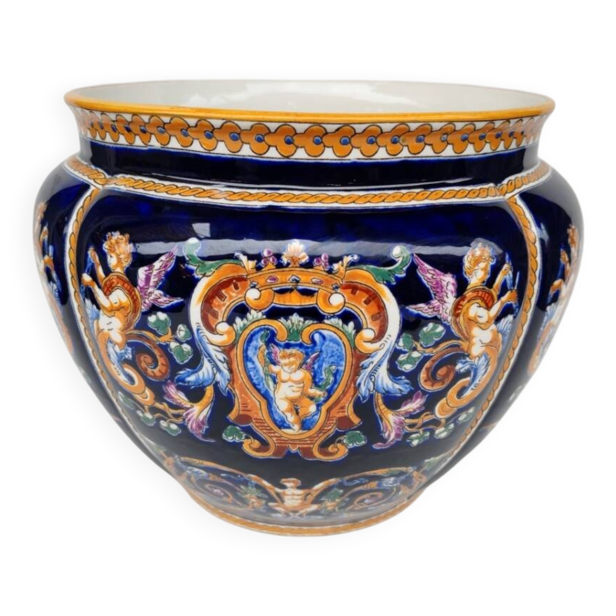 Earthenware cache pot from Gien, Renaissance model, 20th century.